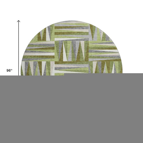 8' Green Ivory And Gray Geometric Washable Round Rug With UV Protection