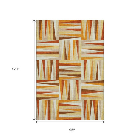 8' X 10' Orange Rust And Ivory Geometric Washable Area Rug With UV Protection