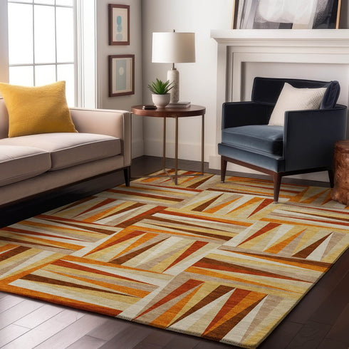 8' X 10' Orange Rust And Ivory Geometric Washable Area Rug With UV Protection