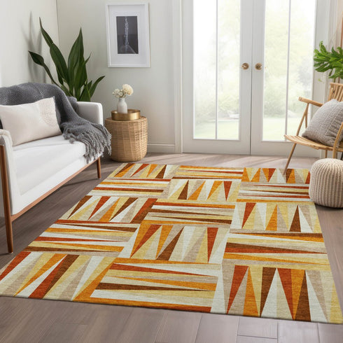 8' X 10' Orange Rust And Ivory Geometric Washable Area Rug With UV Protection