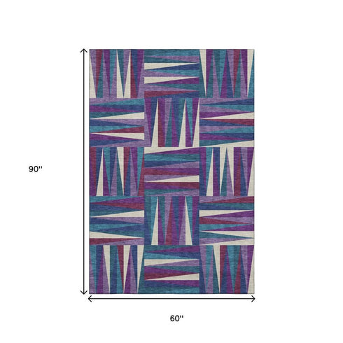 5' X 8' Purple Ivory And Blue Geometric Washable Area Rug With UV Protection