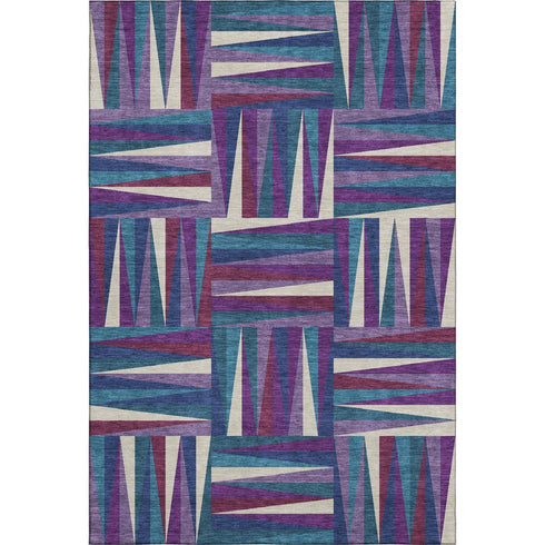 5' X 8' Purple Ivory And Blue Geometric Washable Area Rug With UV Protection