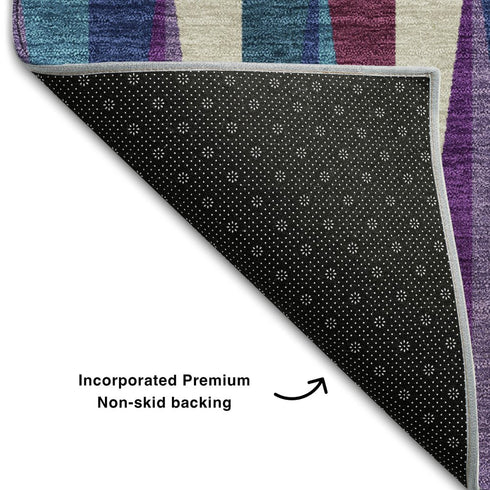 5' X 8' Purple Ivory And Blue Geometric Washable Area Rug With UV Protection