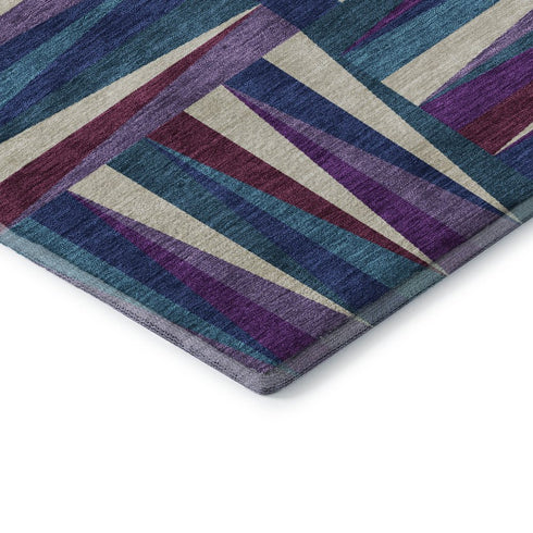 5' X 8' Purple Ivory And Blue Geometric Washable Area Rug With UV Protection