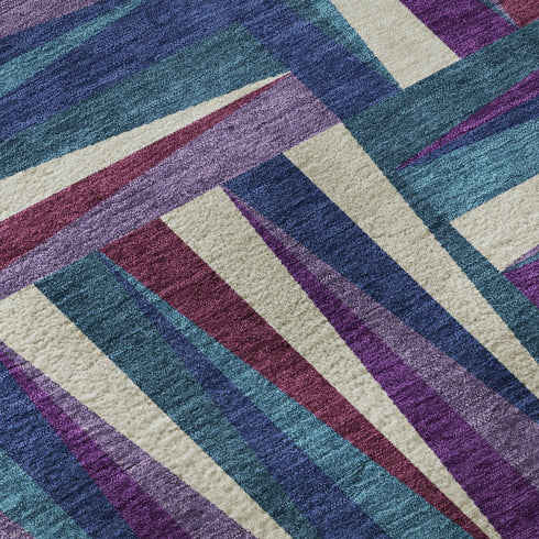 5' X 8' Purple Ivory And Blue Geometric Washable Area Rug With UV Protection