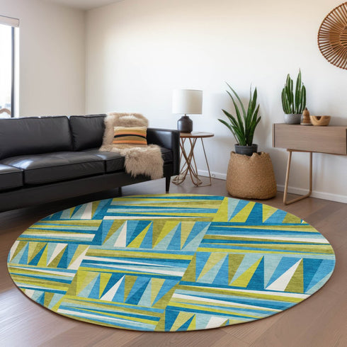 8' Teal Green And Ivory Geometric Washable Round Rug With UV Protection