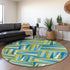 8' Teal Green And Ivory Geometric Washable Round Rug With UV Protection