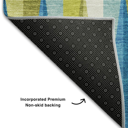 8' Teal Green And Ivory Geometric Washable Round Rug With UV Protection