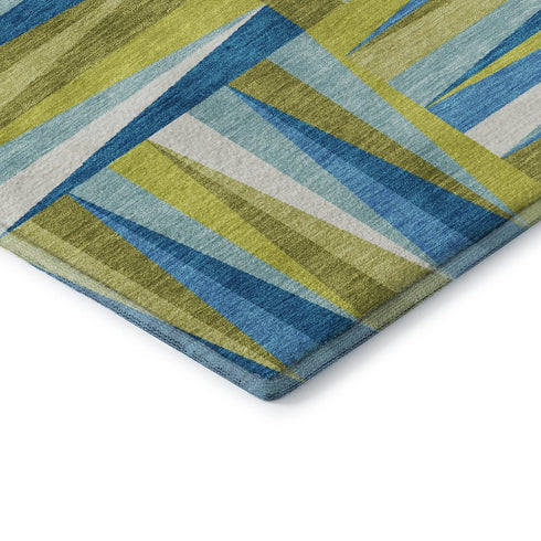 8' Teal Green And Ivory Geometric Washable Round Rug With UV Protection