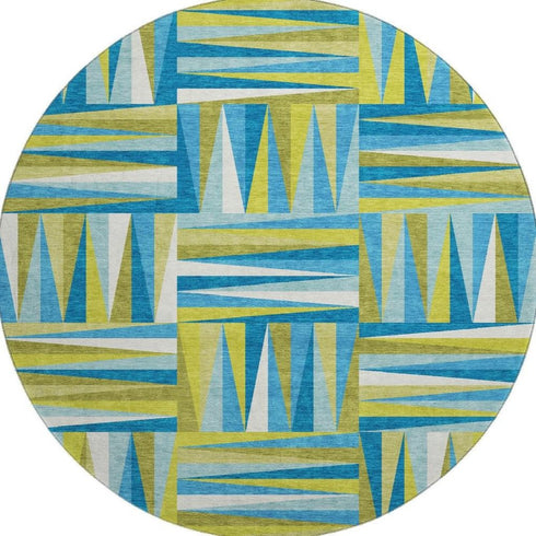 8' Teal Green And Ivory Geometric Washable Round Rug With UV Protection