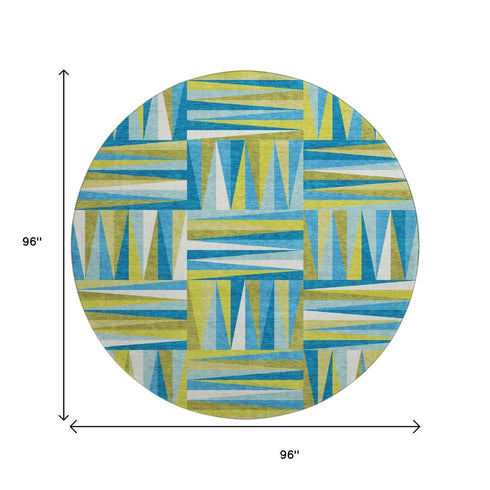 8' Teal Green And Ivory Geometric Washable Round Rug With UV Protection