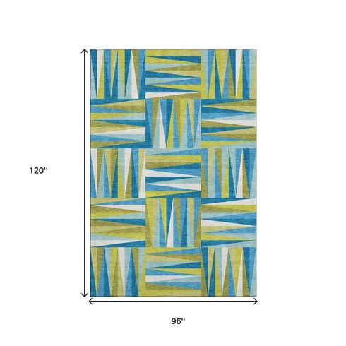 8' X 10' Teal Green And Ivory Geometric Washable Area Rug With UV Protection