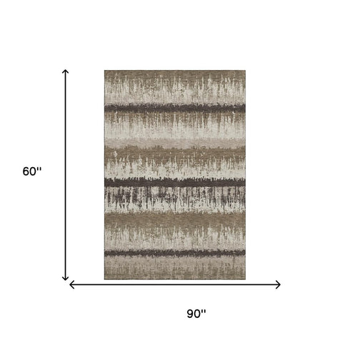 5' X 8' Brown Beige And Ivory Striped Washable Area Rug With UV Protection