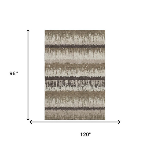 8' X 10' Brown Beige And Ivory Striped Washable Area Rug With UV Protection