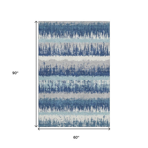 5' X 8' Blue Ivory And Gray Striped Washable Area Rug With UV Protection