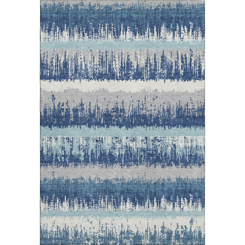 5' X 8' Blue Ivory And Gray Striped Washable Area Rug With UV Protection