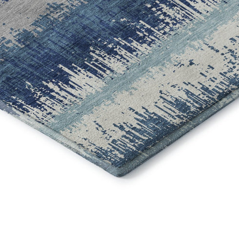 5' X 8' Blue Ivory And Gray Striped Washable Area Rug With UV Protection