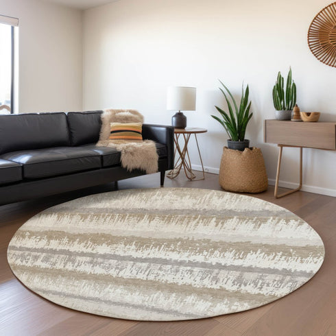 8' Ivory Beige And Gray Striped Washable Round Rug With UV Protection