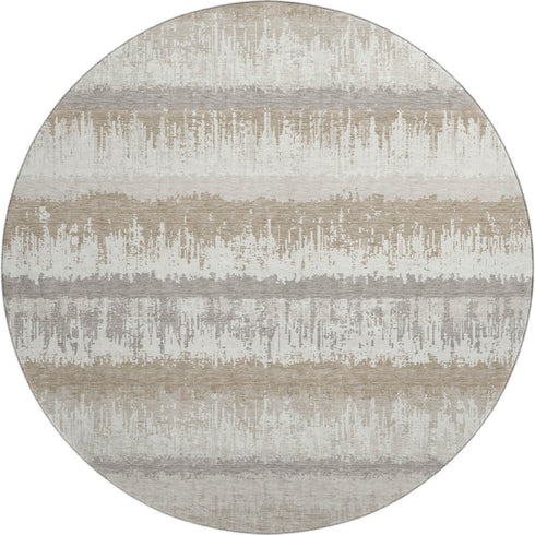 8' Ivory Beige And Gray Striped Washable Round Rug With UV Protection