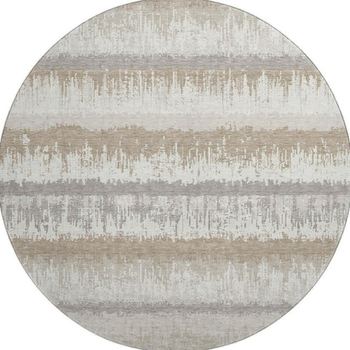 8' Ivory Beige And Gray Striped Washable Round Rug With UV Protection