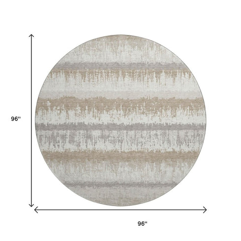8' Ivory Beige And Gray Striped Washable Round Rug With UV Protection