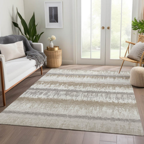 8' X 10' Ivory Beige And Gray Striped Washable Area Rug With UV Protection