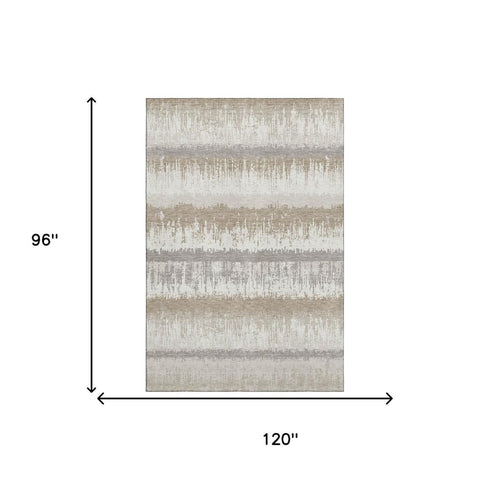 8' X 10' Ivory Beige And Gray Striped Washable Area Rug With UV Protection