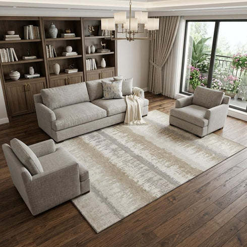 8' X 10' Ivory Beige And Gray Striped Washable Area Rug With UV Protection