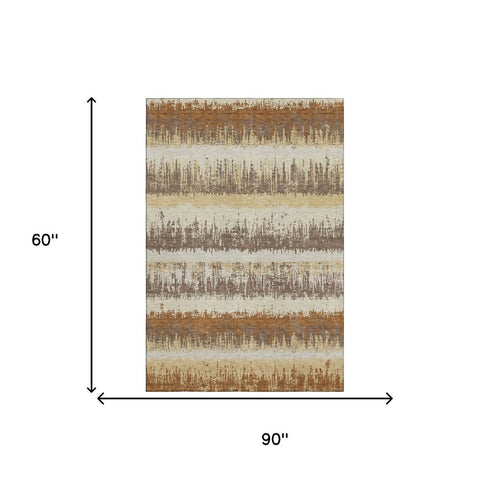 5' X 8' Coffee Beige And Copper Striped Washable Area Rug With UV Protection