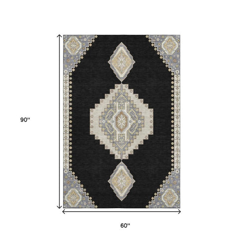 5' X 8' Black Beige And Gold Oriental Washable Area Rug With UV Protection