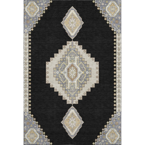 5' X 8' Black Beige And Gold Oriental Washable Area Rug With UV Protection