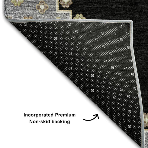5' X 8' Black Beige And Gold Oriental Washable Area Rug With UV Protection