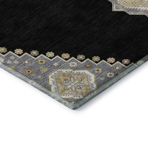 5' X 8' Black Beige And Gold Oriental Washable Area Rug With UV Protection