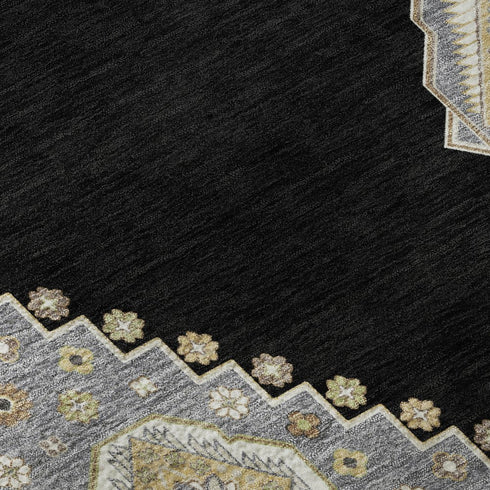 5' X 8' Black Beige And Gold Oriental Washable Area Rug With UV Protection