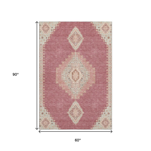 5' X 8' Blush Gray And Pink Oriental Washable Area Rug With UV Protection