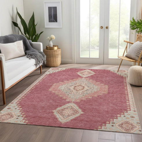 9' X 12' Blush Gray And Pink Oriental Washable Area Rug With UV Protection