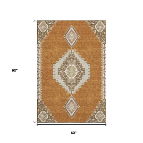 5' X 8' Copper Gold And Beige Oriental Washable Area Rug With UV Protection