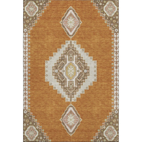 5' X 8' Copper Gold And Beige Oriental Washable Area Rug With UV Protection