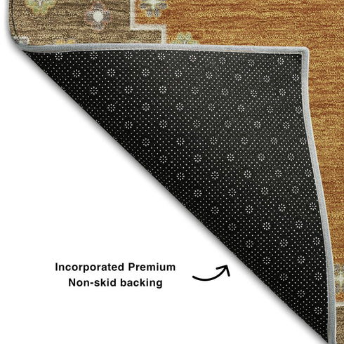5' X 8' Copper Gold And Beige Oriental Washable Area Rug With UV Protection