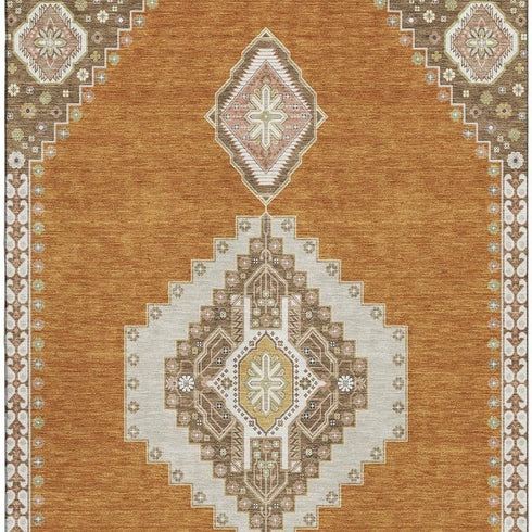 5' X 8' Copper Gold And Beige Oriental Washable Area Rug With UV Protection