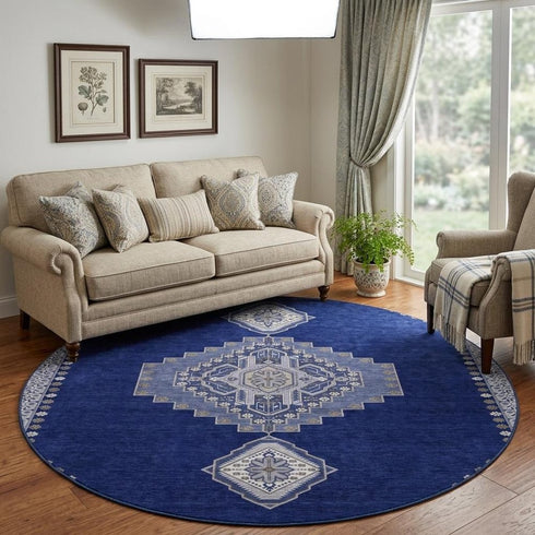 8' Navy Blue Ivory And Gray Oriental Washable Round Rug With UV Protection