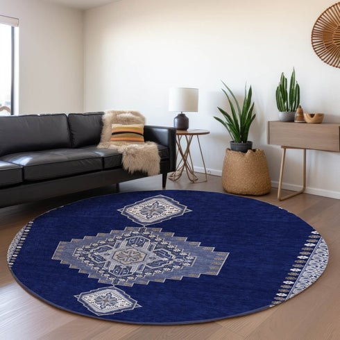 8' Navy Blue Ivory And Gray Oriental Washable Round Rug With UV Protection