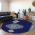 8' Navy Blue Ivory And Gray Oriental Washable Round Rug With UV Protection