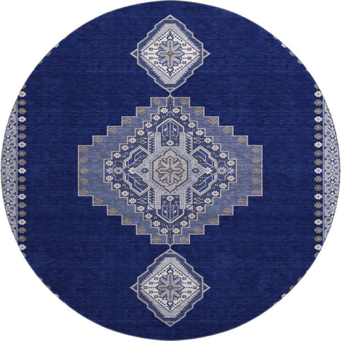 8' Navy Blue Ivory And Gray Oriental Washable Round Rug With UV Protection