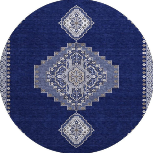 8' Navy Blue Ivory And Gray Oriental Washable Round Rug With UV Protection