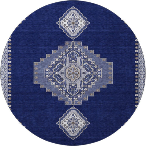 8' Navy Blue Ivory And Gray Oriental Washable Round Rug With UV Protection