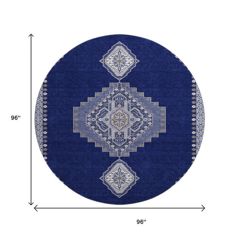 8' Navy Blue Ivory And Gray Oriental Washable Round Rug With UV Protection