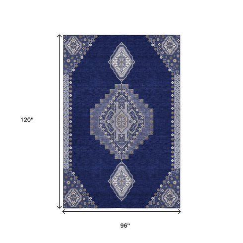 8' X 10' Navy Blue Ivory And Gray Oriental Washable Area Rug With UV Protection