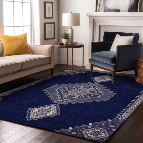 8' X 10' Navy Blue Ivory And Gray Oriental Washable Area Rug With UV Protection