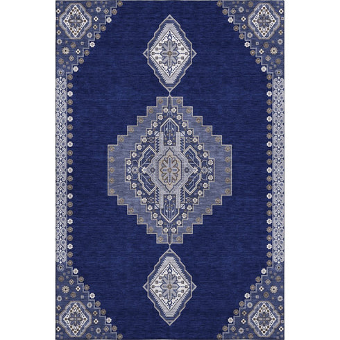 8' X 10' Navy Blue Ivory And Gray Oriental Washable Area Rug With UV Protection